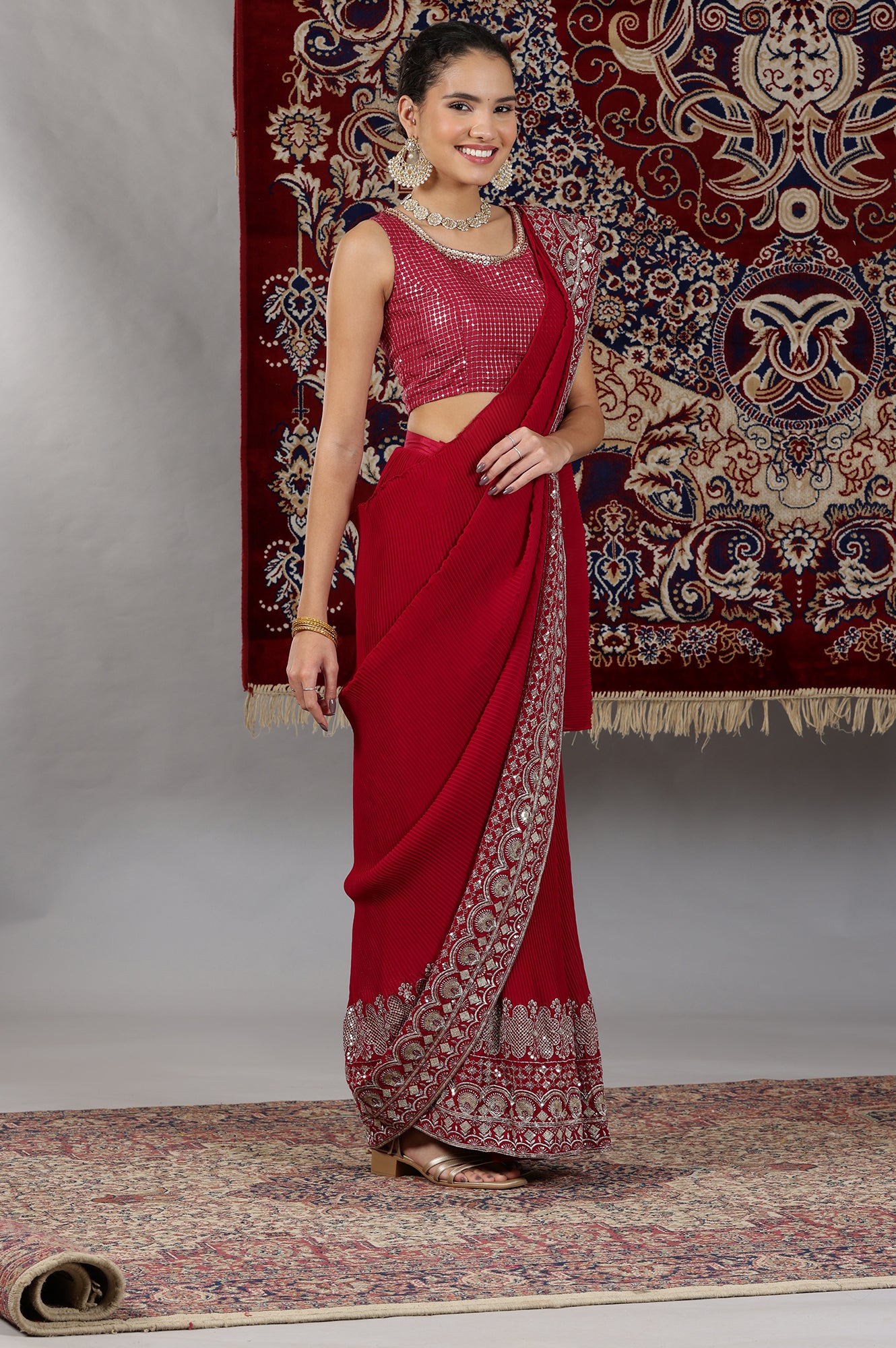 Red Embroidered Crop Top and Pre-Stitched Pleated Saree Set