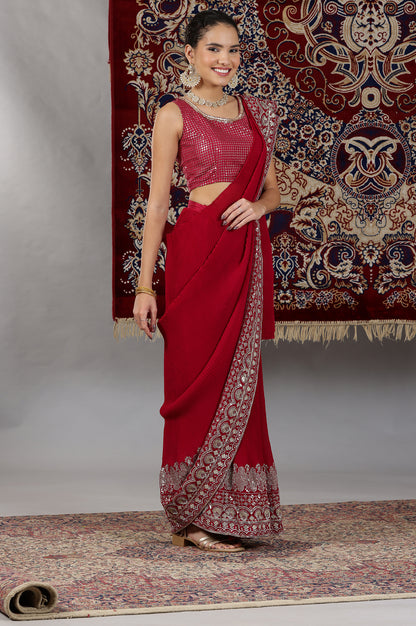 Red Embroidered Crop Top and Pre-Stitched Pleated Saree Set