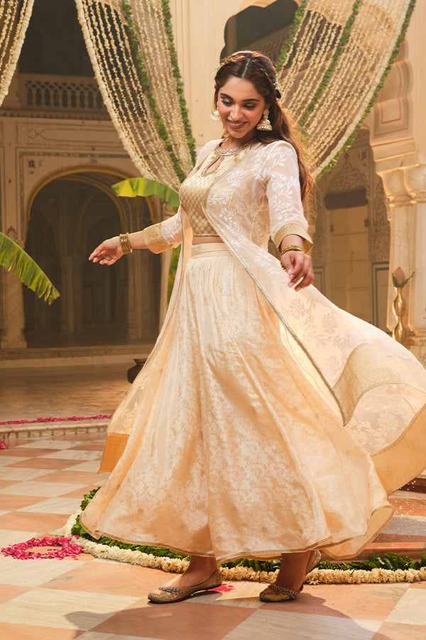 Gold Embellished Sleeveless Brocade Crop Top, Beige Long Gilet and Flared Palazzo Set