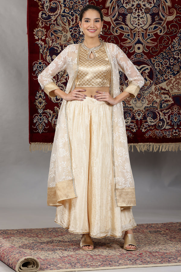 Gold Embellished Sleeveless Brocade Crop Top, Beige Long Gilet and Flared Palazzo Set