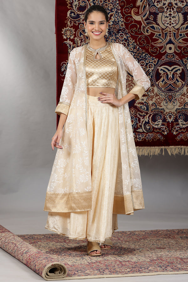 Gold Embellished Sleeveless Brocade Crop Top, Beige Long Gilet and Flared Palazzo Set