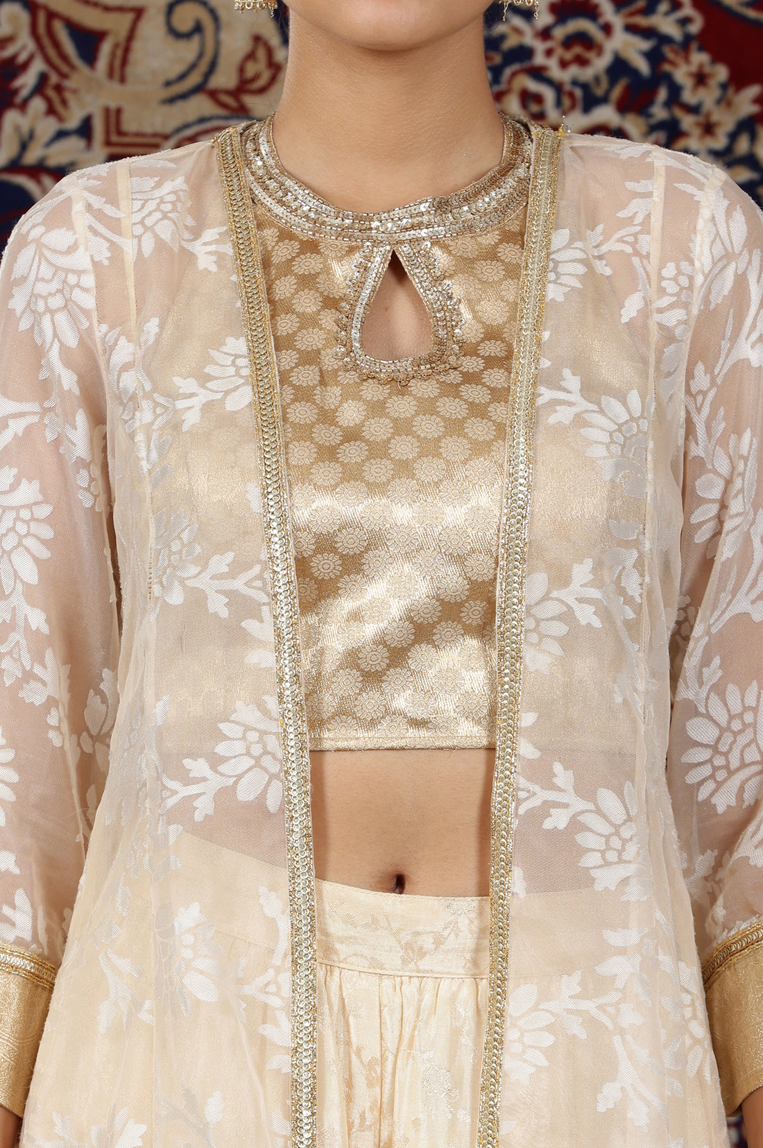 Gold-Embellished-Sleeveless-Brocade-Crop-Top,-Beige-Long-Gilet-and-Flared-Palazzo-Set