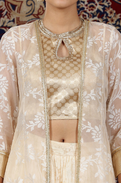 Gold Embellished Sleeveless Brocade Crop Top, Beige Long Gilet and Flared Palazzo Set