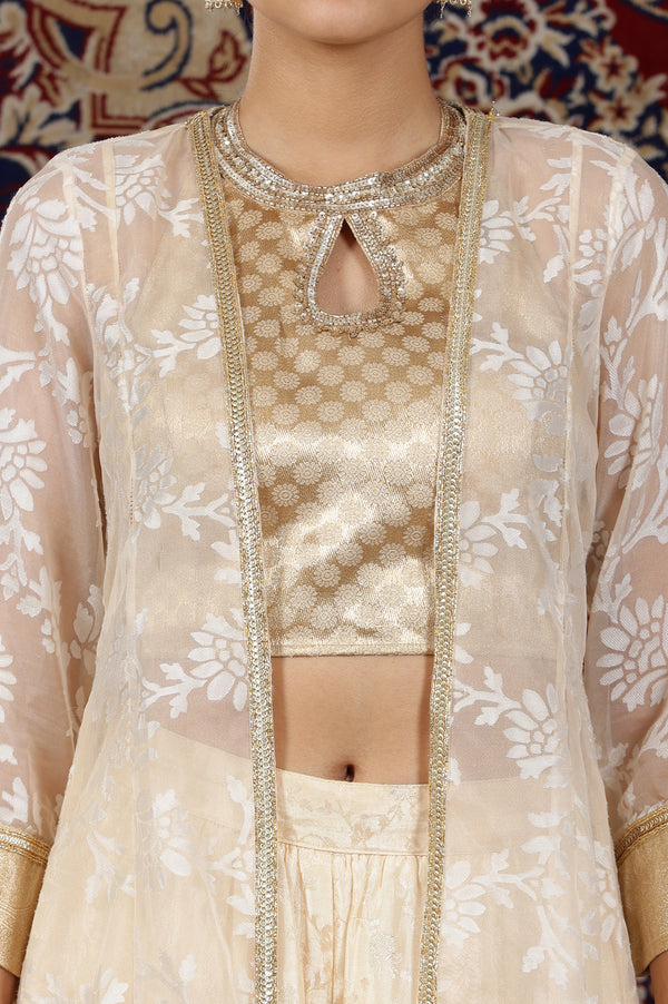 Gold Embellished Sleeveless Brocade Crop Top, Beige Long Gilet and Flared Palazzo Set