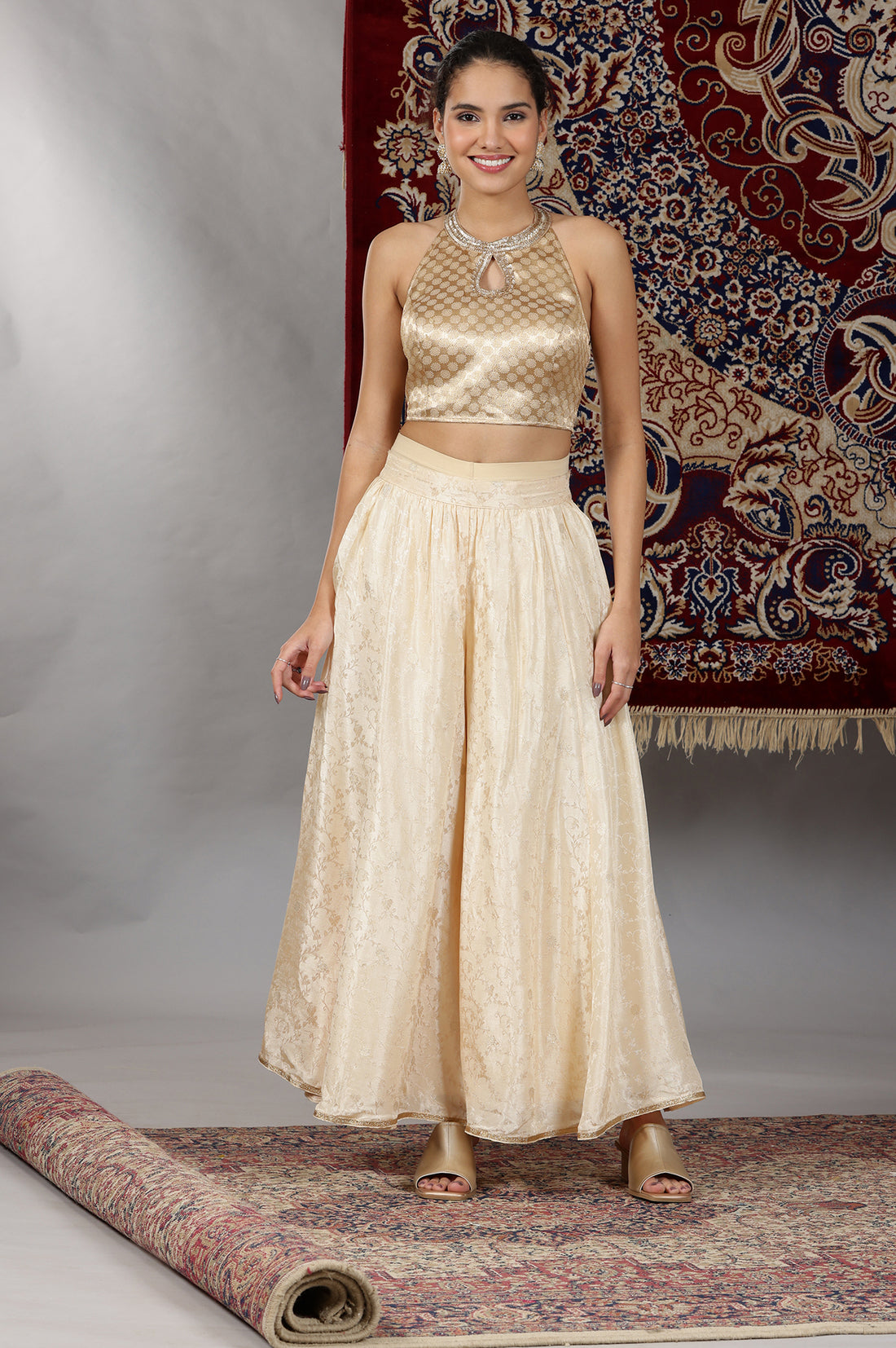 Gold-Embellished-Sleeveless-Brocade-Crop-Top,-Beige-Long-Gilet-and-Flared-Palazzo-Set