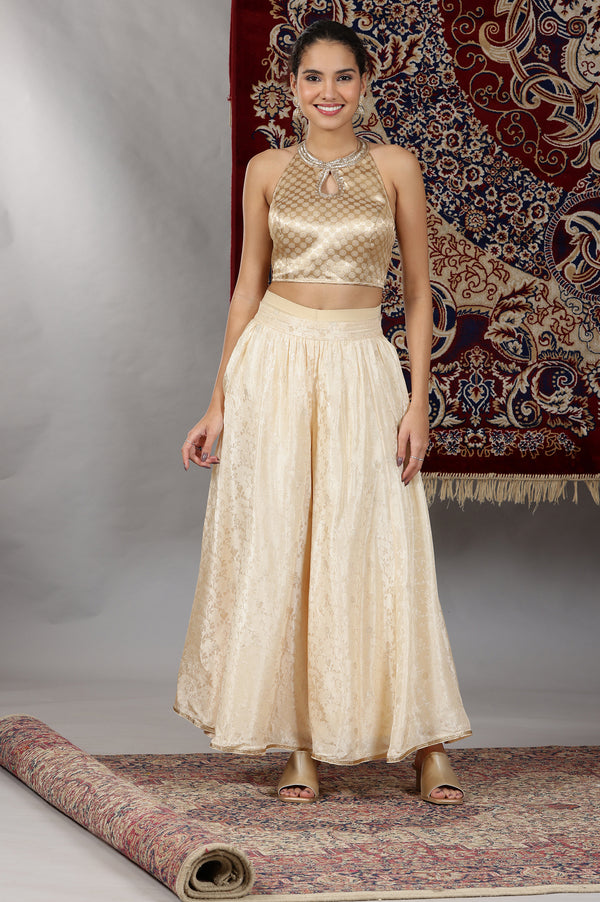 Gold Embellished Sleeveless Brocade Crop Top, Beige Long Gilet and Flared Palazzo Set