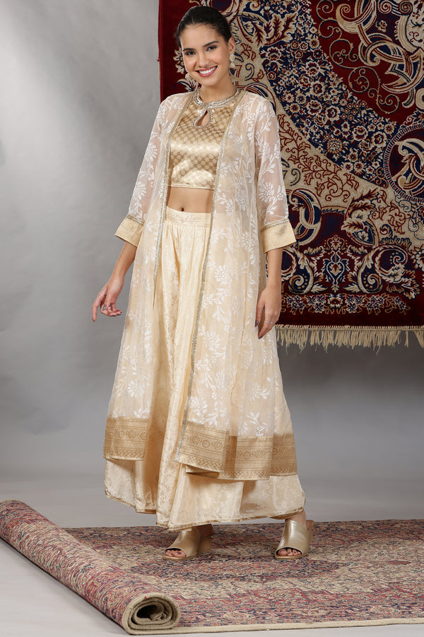Gold Embellished Sleeveless Brocade Crop Top, Beige Long Gilet and Flared Palazzo Set