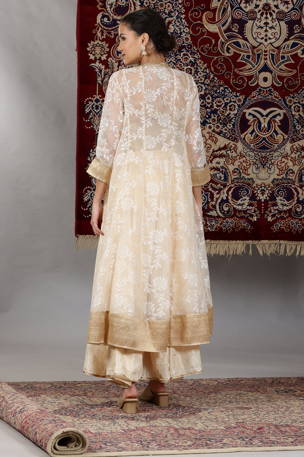 Gold Embellished Sleeveless Brocade Crop Top, Beige Long Gilet and Flared Palazzo Set