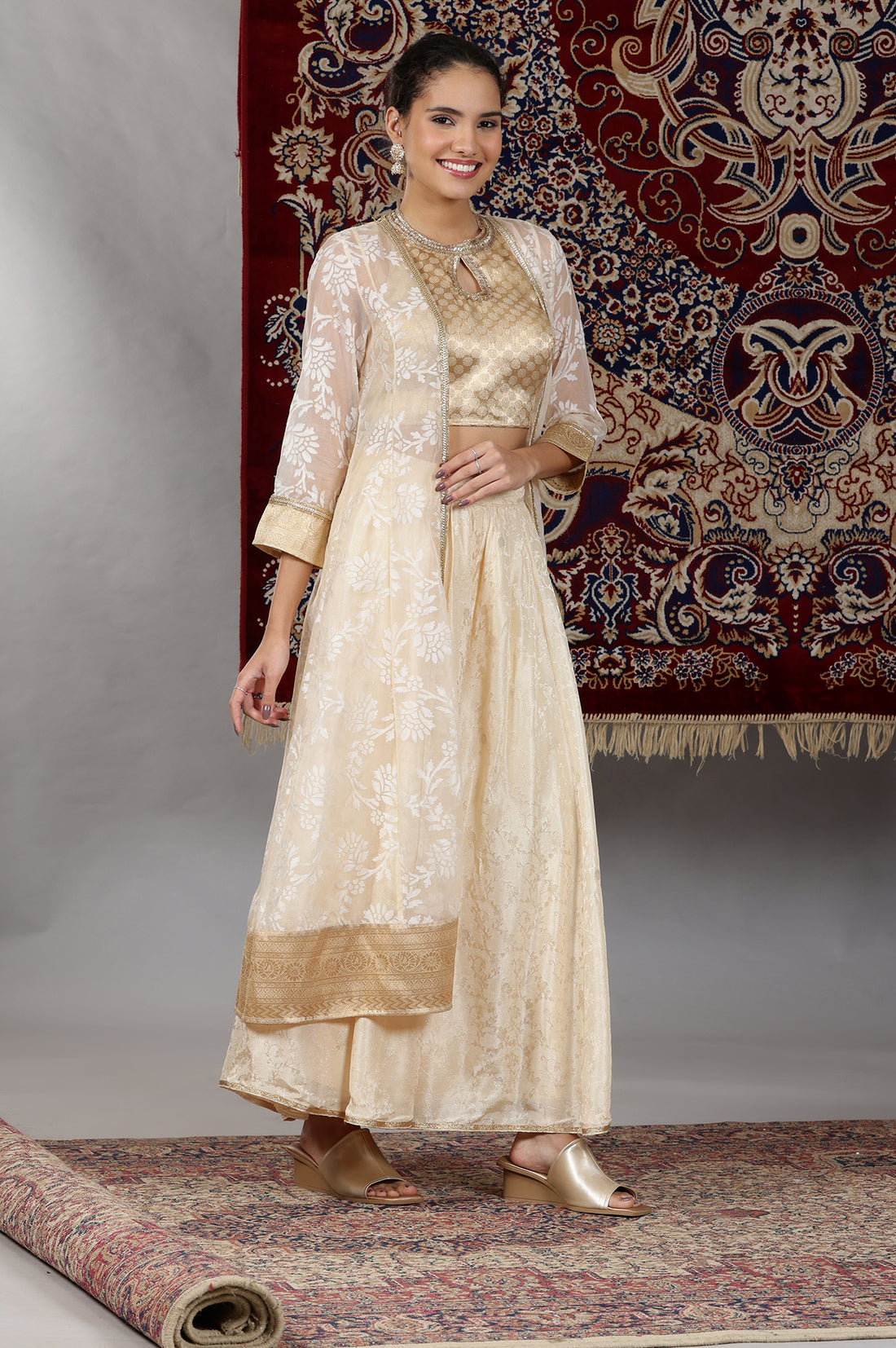 Gold-Embellished-Sleeveless-Brocade-Crop-Top,-Beige-Long-Gilet-and-Flared-Palazzo-Set