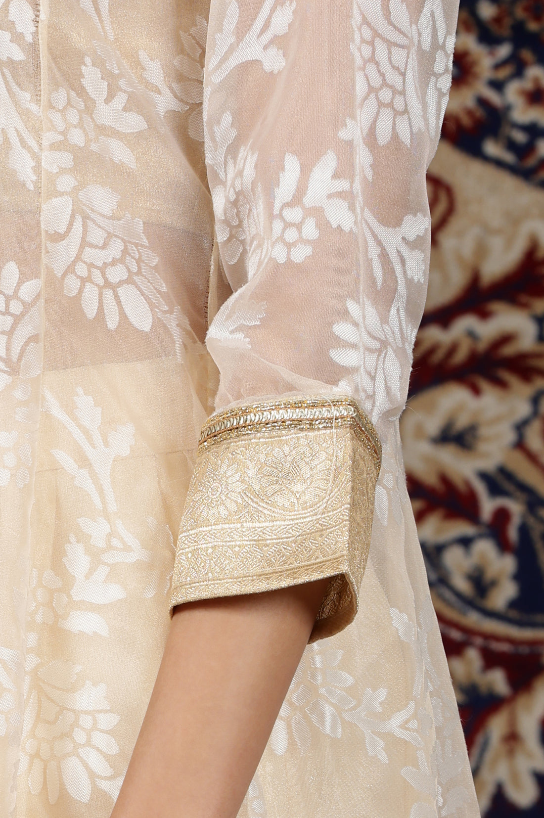 Gold-Embellished-Sleeveless-Brocade-Crop-Top,-Beige-Long-Gilet-and-Flared-Palazzo-Set