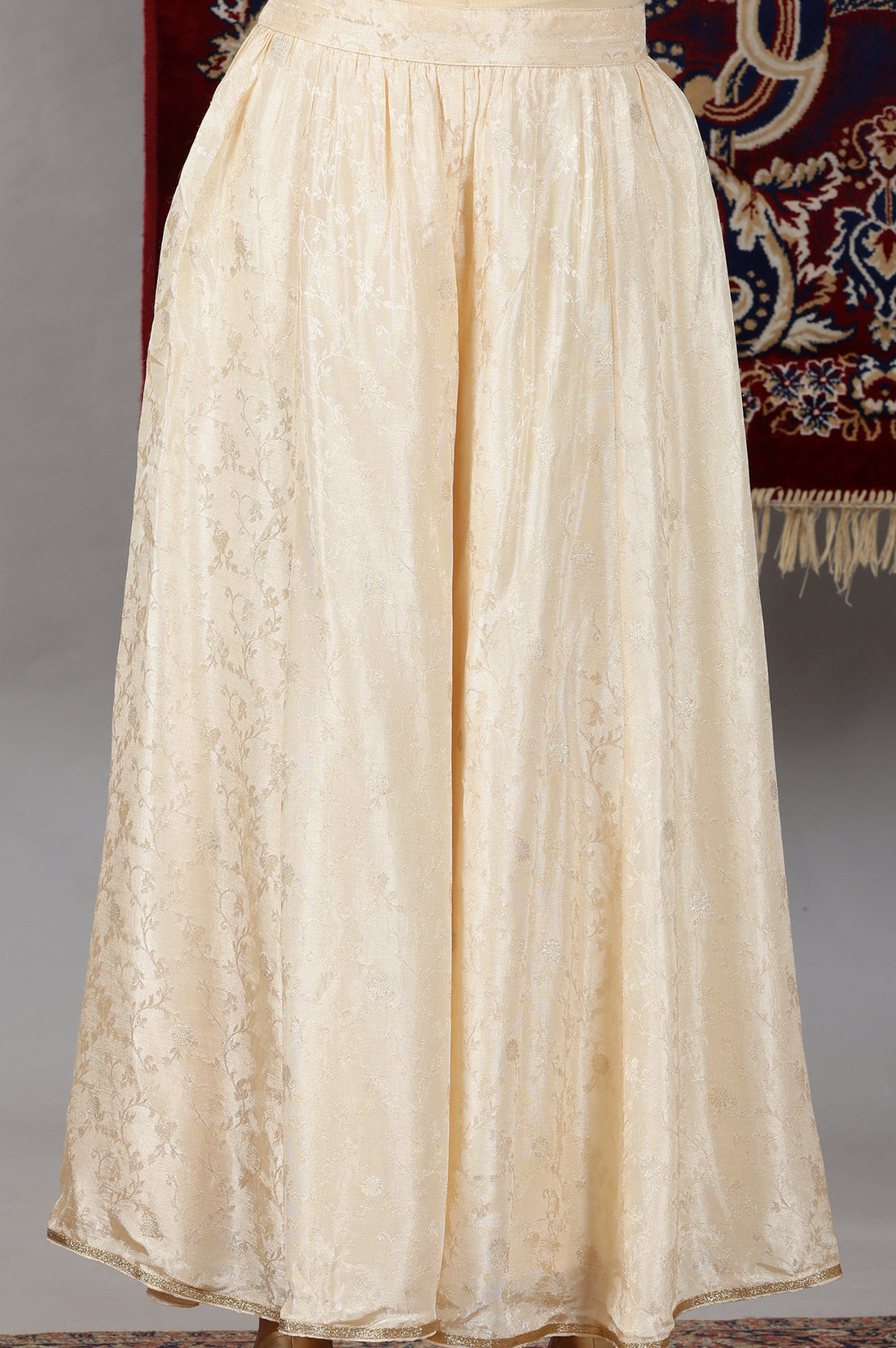Gold-Embellished-Sleeveless-Brocade-Crop-Top,-Beige-Long-Gilet-and-Flared-Palazzo-Set
