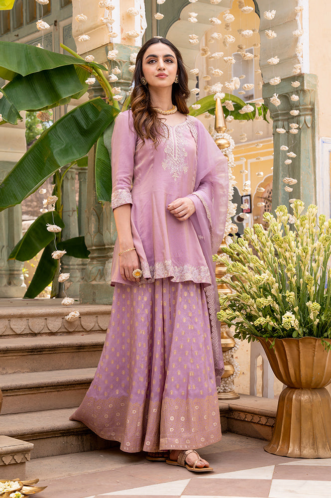 Lilac Embroidered Short Anarkali Kurti, Skirt nd Dupatta Set