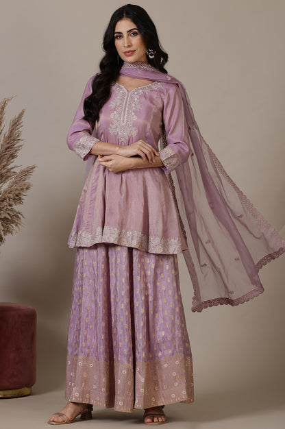 Lilac Embroidered Short Anarkali Kurti, Skirt nd Dupatta Set