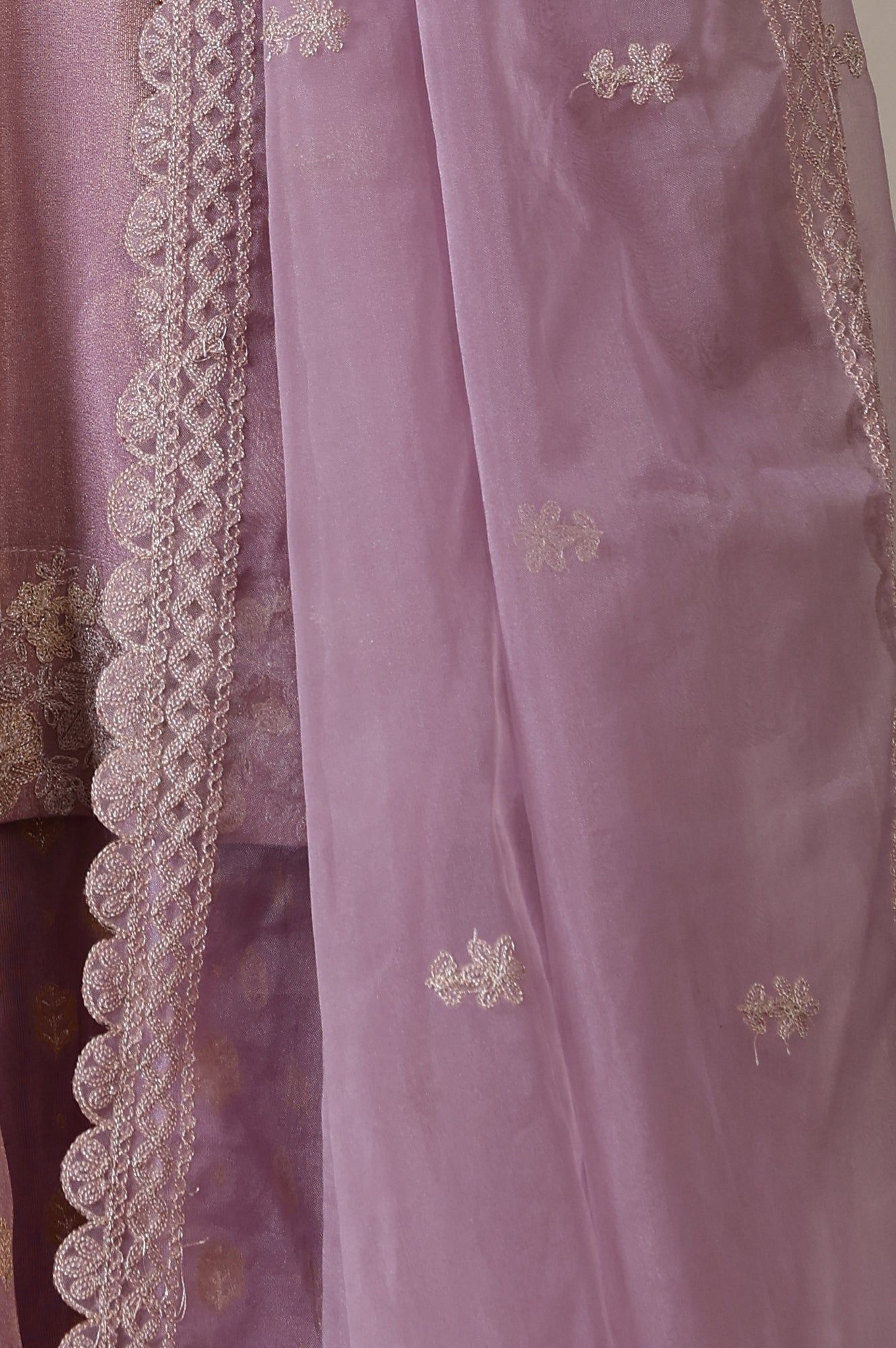 Lilac Embroidered Short Anarkali Kurti, Skirt nd Dupatta Set