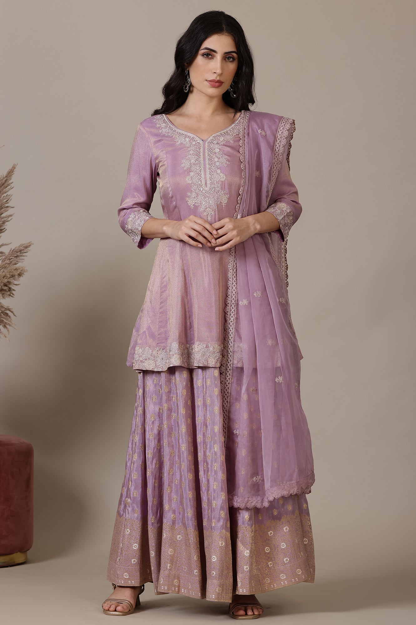 Lilac Embroidered Short Anarkali Kurti, Skirt nd Dupatta Set