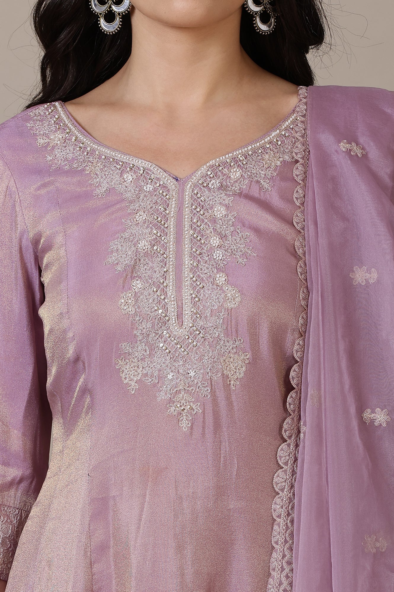 Lilac Embroidered Short Anarkali Kurti, Skirt nd Dupatta Set