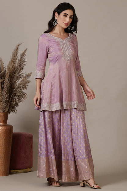 Lilac Embroidered Short Anarkali Kurti, Skirt nd Dupatta Set