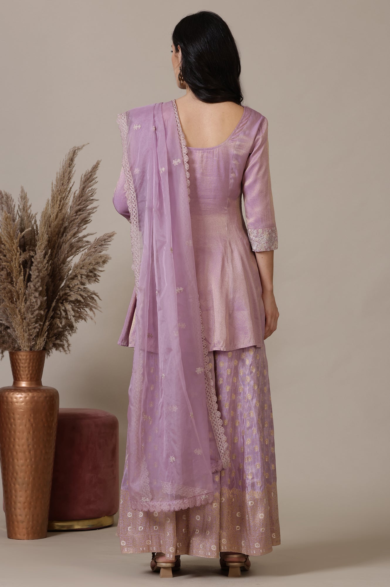 Lilac Embroidered Short Anarkali Kurti, Skirt nd Dupatta Set