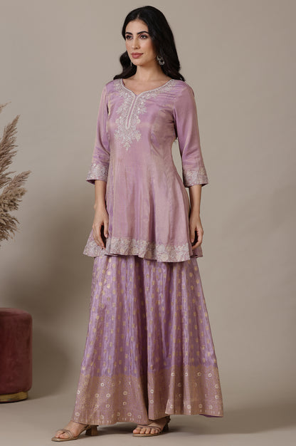 Lilac Embroidered Short Anarkali Kurti, Skirt nd Dupatta Set