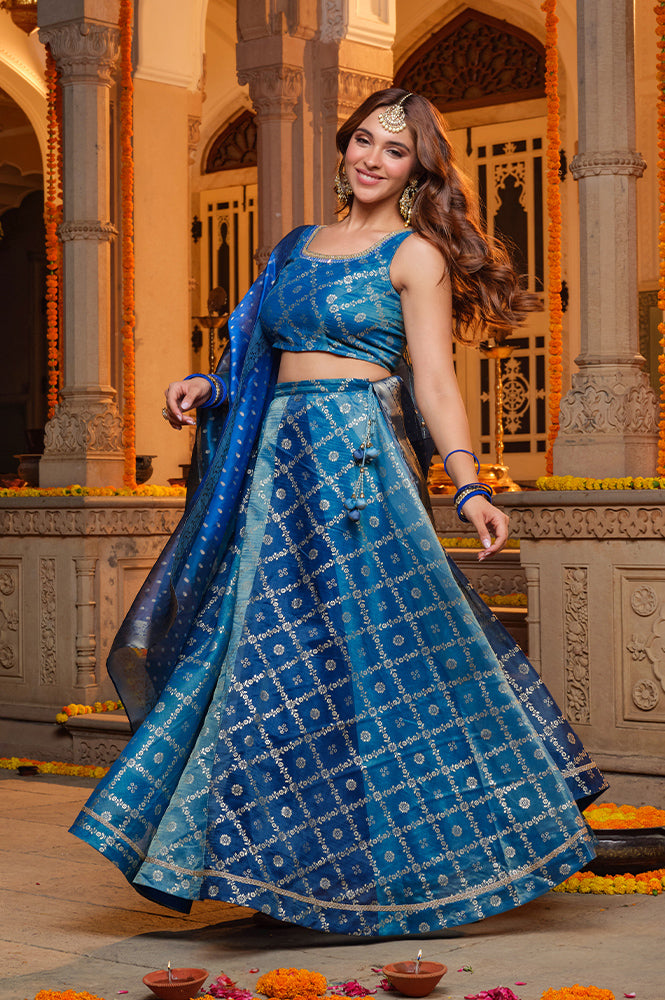 Blue Printed Zari Embroidered Crop Top, Brocade Flared Skirt and Dupatta Set