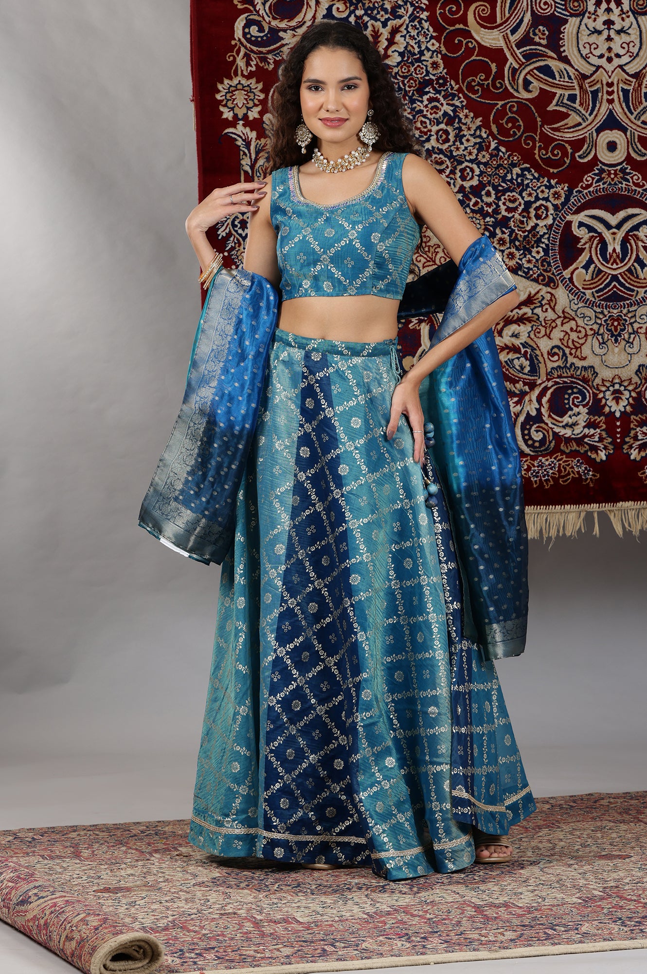 Blue-Printed-Zari-Embroidered-Crop-Top,-Brocade-Flared-Skirt-and-Dupatta-Set