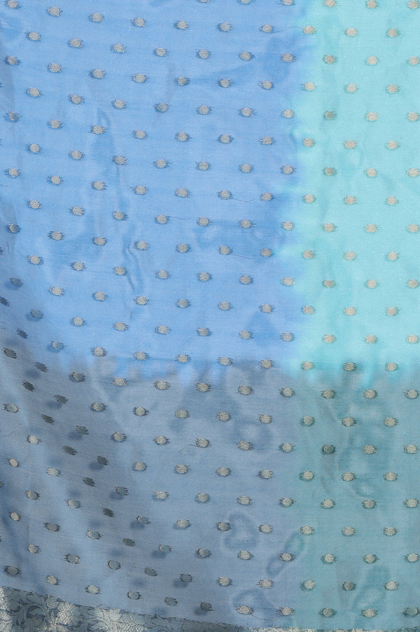 Blue Printed Zari Embroidered Crop Top, Brocade Flared Skirt and Dupatta Set