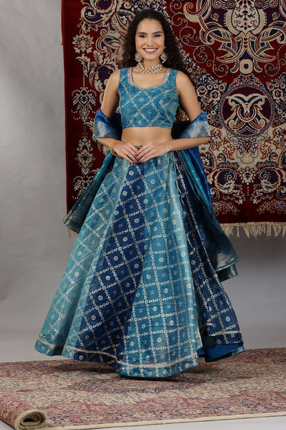 Blue-Printed-Zari-Embroidered-Crop-Top,-Brocade-Flared-Skirt-and-Dupatta-Set