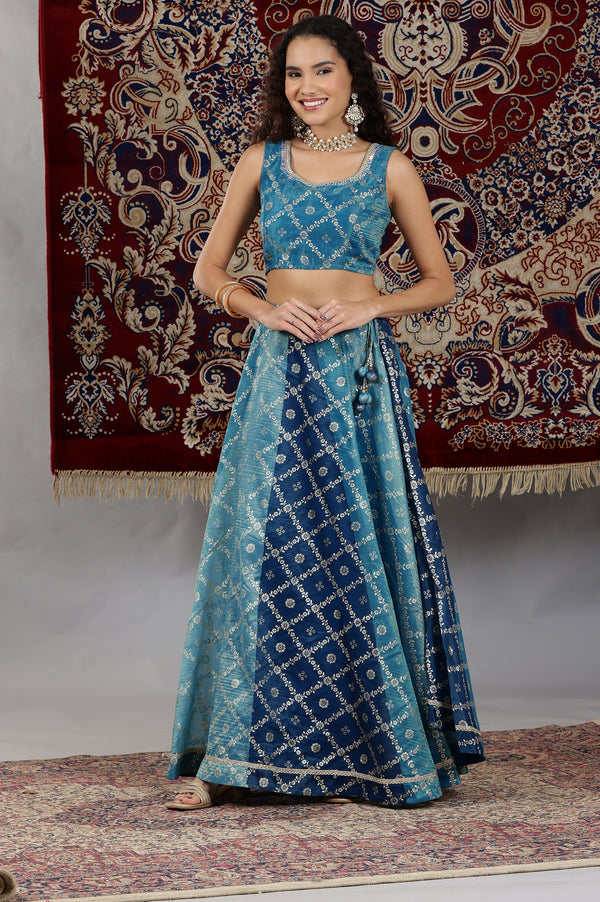 Blue Printed Zari Embroidered Crop Top, Brocade Flared Skirt and Dupatta Set