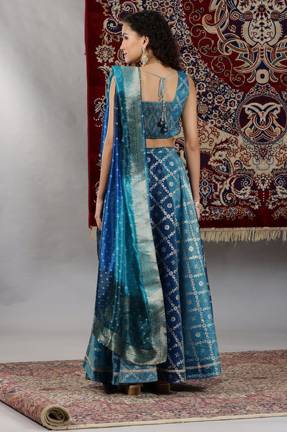 Blue-Printed-Zari-Embroidered-Crop-Top,-Brocade-Flared-Skirt-and-Dupatta-Set