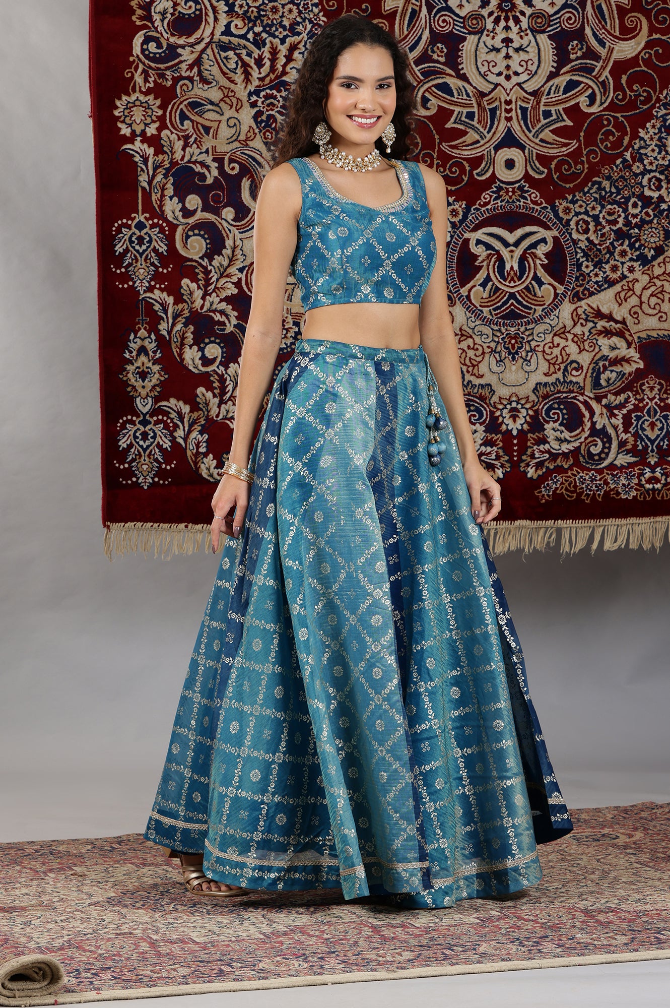 Blue-Printed-Zari-Embroidered-Crop-Top,-Brocade-Flared-Skirt-and-Dupatta-Set