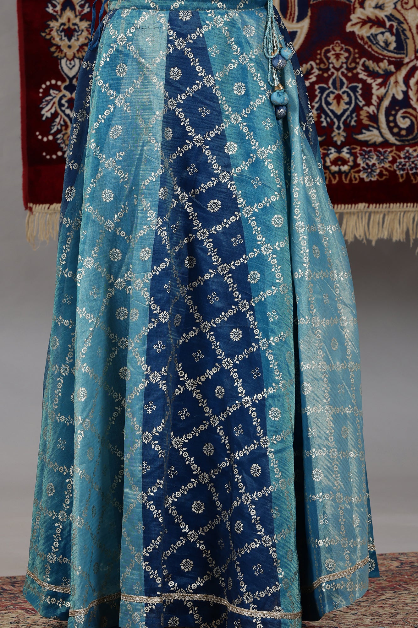 Blue-Printed-Zari-Embroidered-Crop-Top,-Brocade-Flared-Skirt-and-Dupatta-Set