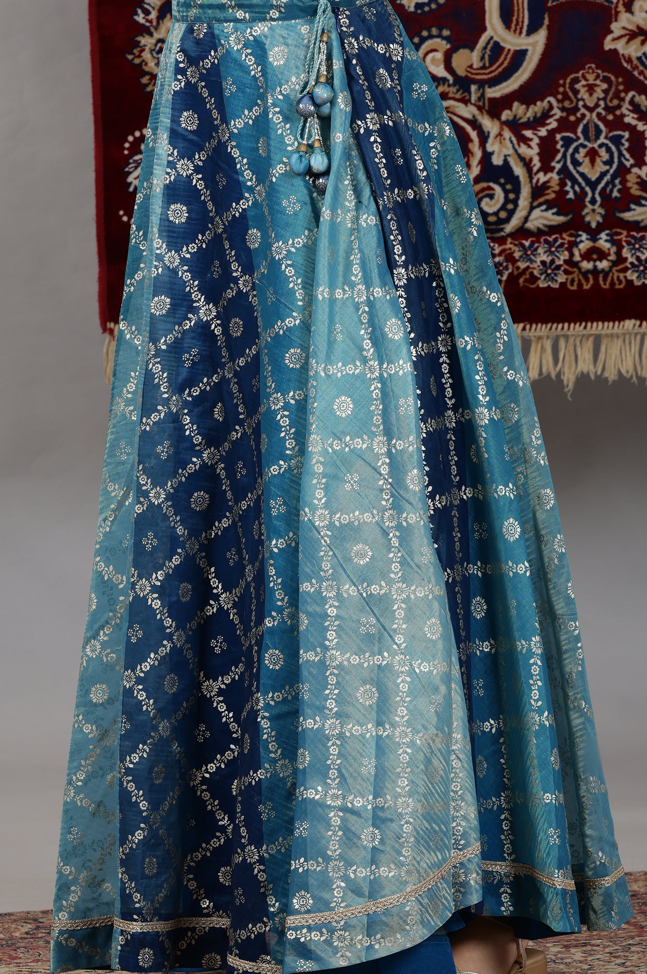 Blue-Printed-Zari-Embroidered-Crop-Top,-Brocade-Flared-Skirt-and-Dupatta-Set