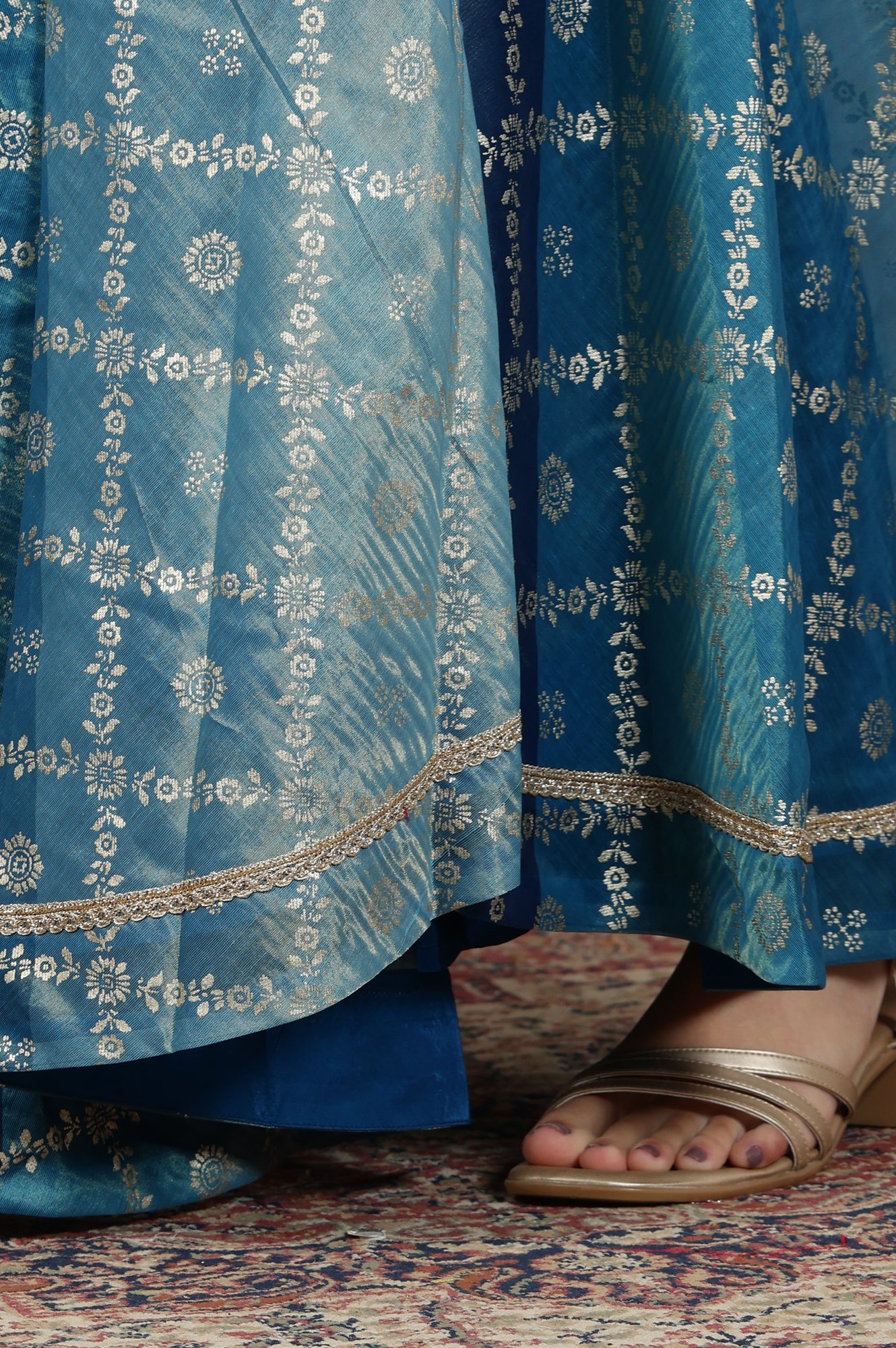 Blue-Printed-Zari-Embroidered-Crop-Top,-Brocade-Flared-Skirt-and-Dupatta-Set