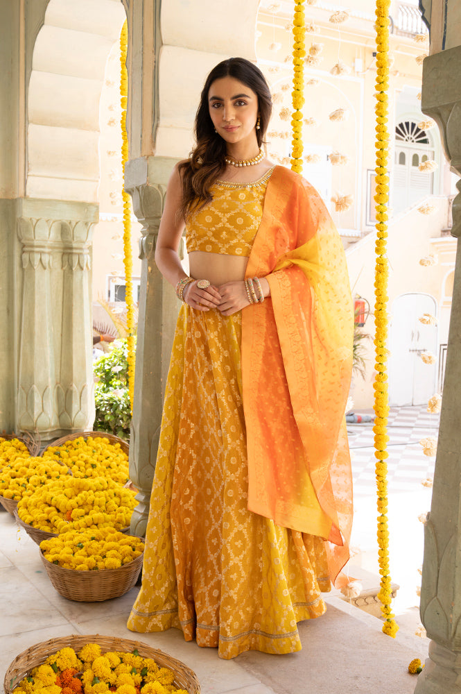 Yellow Printed Zari Embroidered Crop Top, Brocade Flared Skirt and Dupatta Set