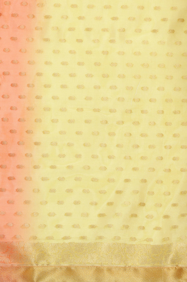 Yellow Printed Zari Embroidered Crop Top, Brocade Flared Skirt and Dupatta Set