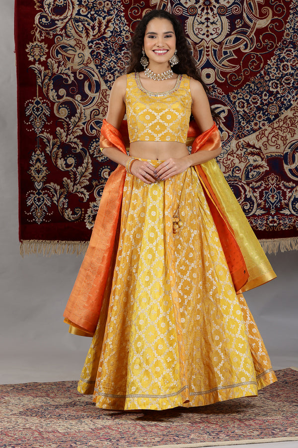 Yellow Printed Zari Embroidered Crop Top, Brocade Flared Skirt and Dupatta Set
