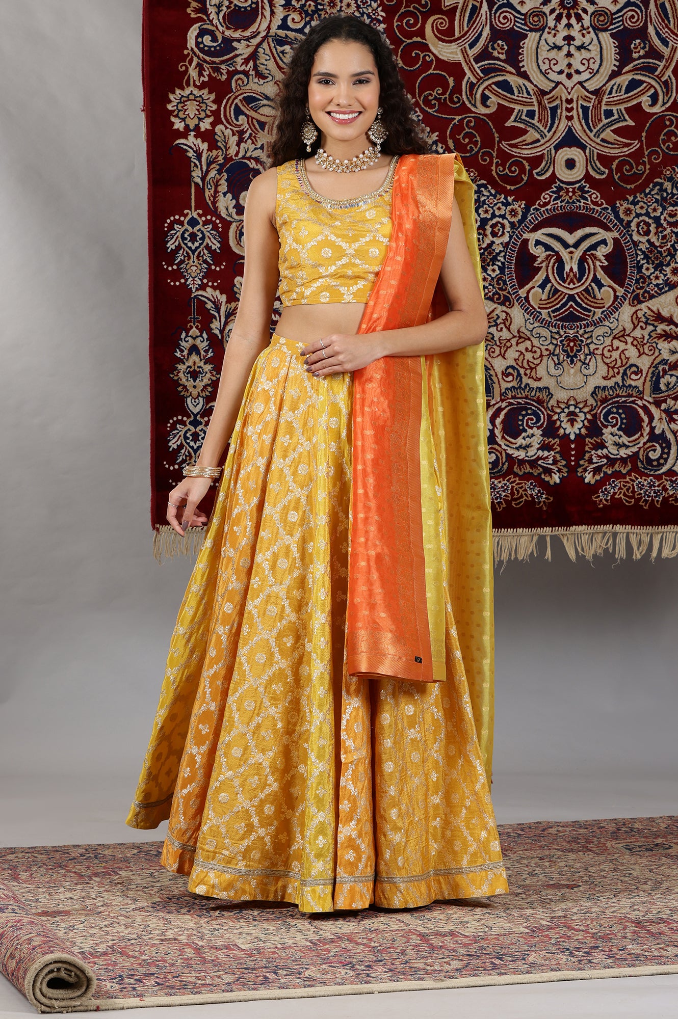 Yellow-Printed-Zari-Embroidered-Crop-Top,-Brocade-Flared-Skirt-and-Dupatta-Set