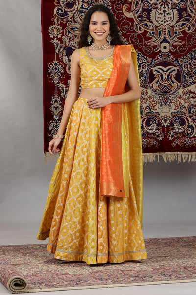 Yellow Printed Zari Embroidered Crop Top, Brocade Flared Skirt and Dupatta Set