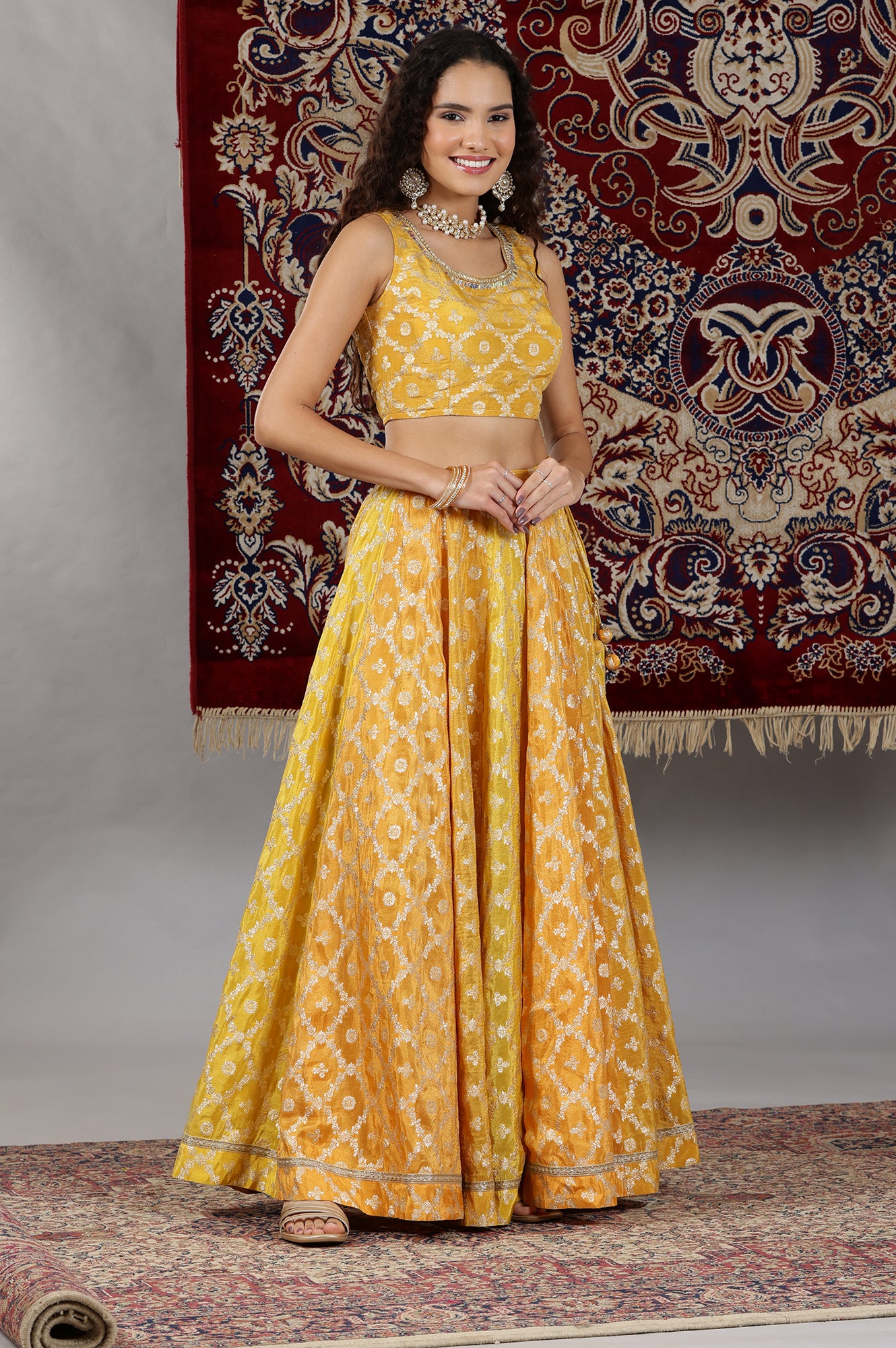 Yellow-Printed-Zari-Embroidered-Crop-Top,-Brocade-Flared-Skirt-and-Dupatta-Set