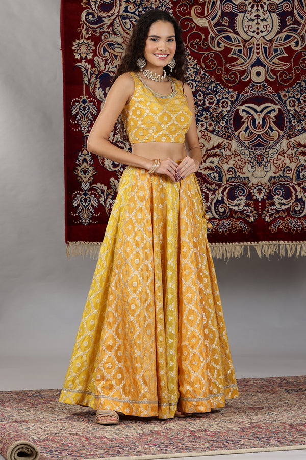 Yellow Printed Zari Embroidered Crop Top, Brocade Flared Skirt and Dupatta Set