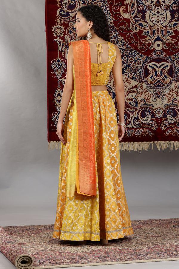 Yellow Printed Zari Embroidered Crop Top, Brocade Flared Skirt and Dupatta Set