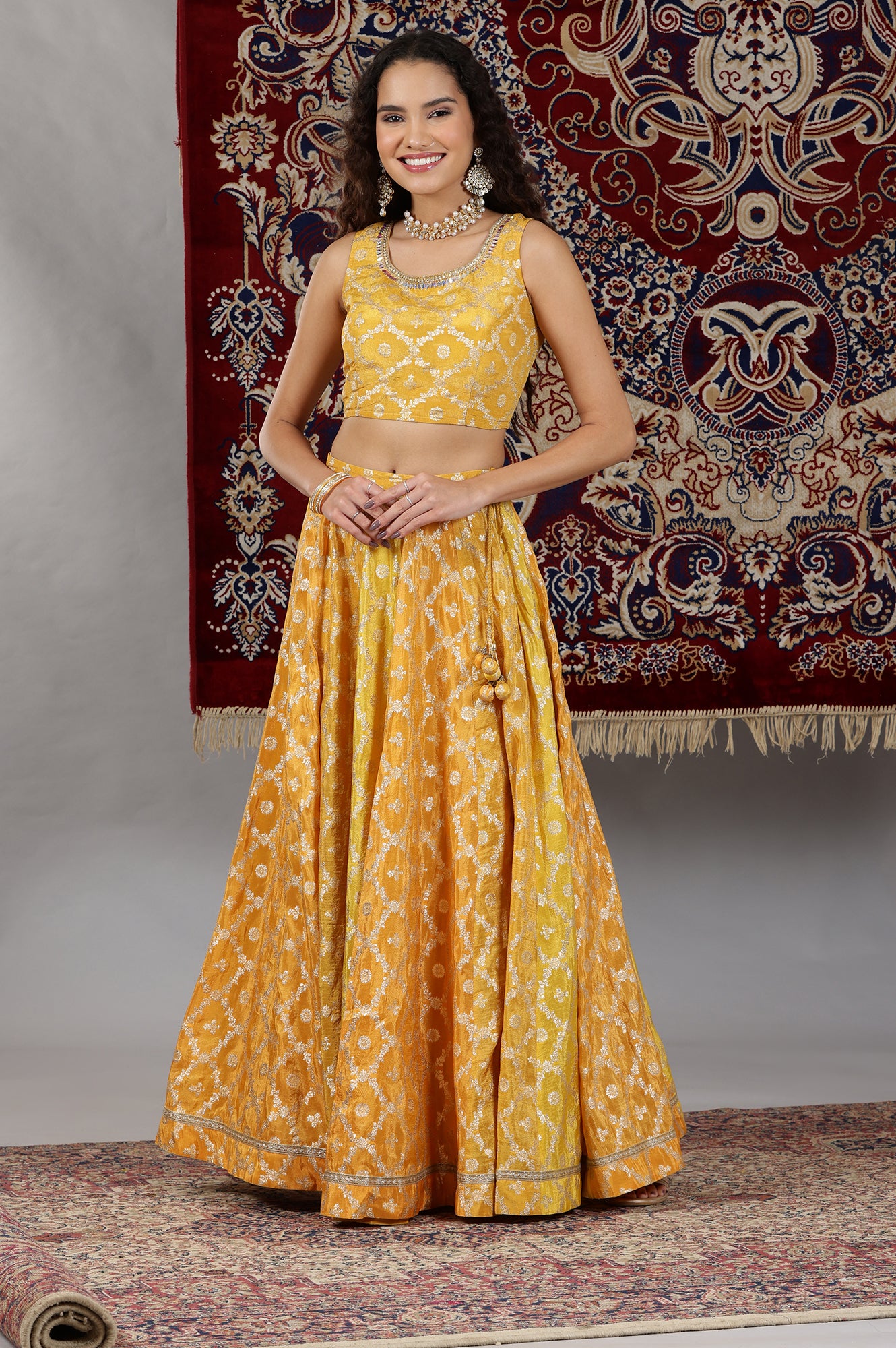 Yellow-Printed-Zari-Embroidered-Crop-Top,-Brocade-Flared-Skirt-and-Dupatta-Set