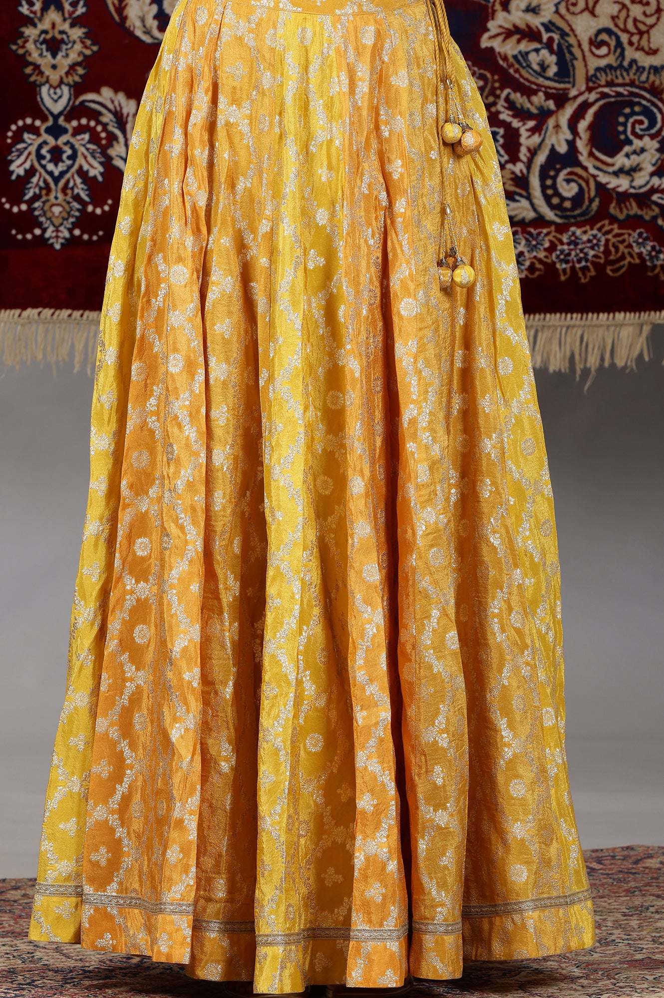 Yellow-Printed-Zari-Embroidered-Crop-Top,-Brocade-Flared-Skirt-and-Dupatta-Set