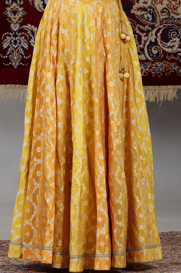 Yellow Printed Zari Embroidered Crop Top, Brocade Flared Skirt and Dupatta Set