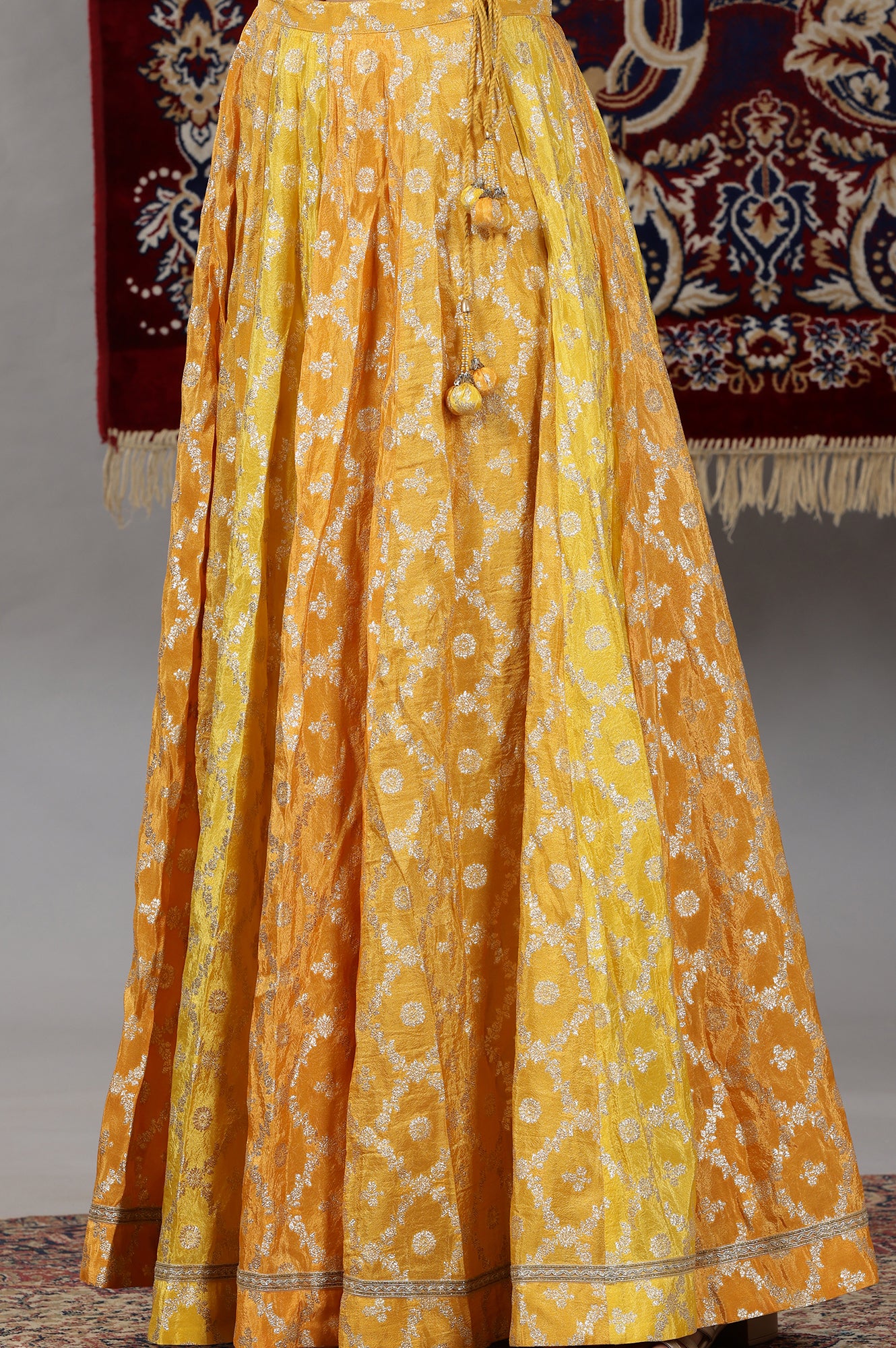 Yellow-Printed-Zari-Embroidered-Crop-Top,-Brocade-Flared-Skirt-and-Dupatta-Set