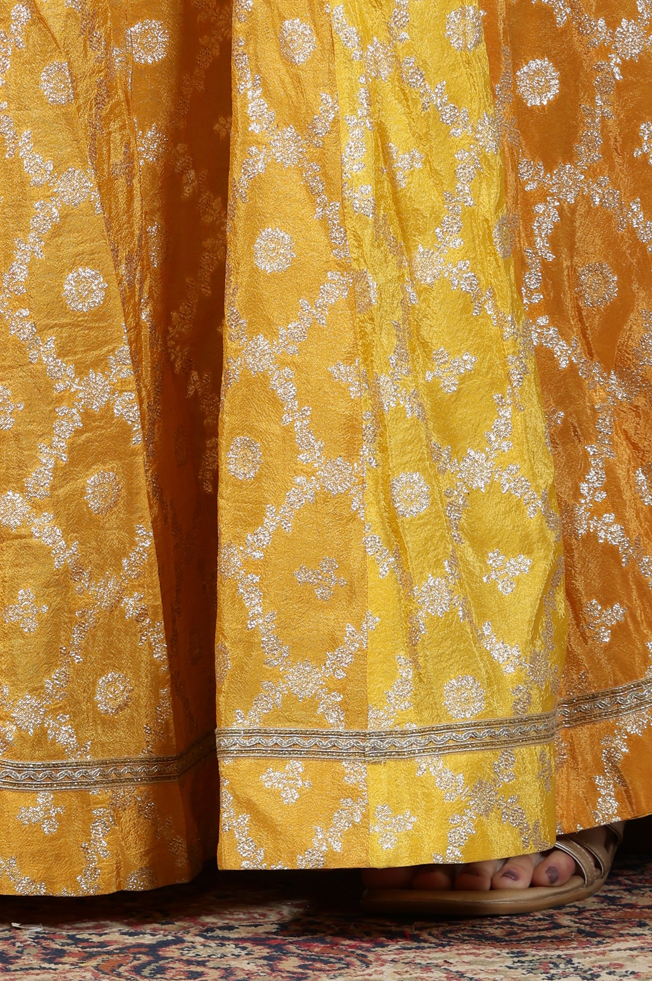 Yellow-Printed-Zari-Embroidered-Crop-Top,-Brocade-Flared-Skirt-and-Dupatta-Set