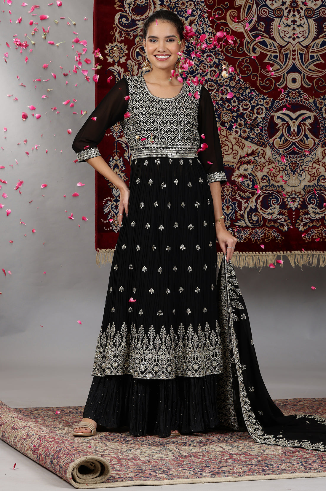 Buy Black Zari Embroidered Flared Kurta, Pleated Skirt and Dupatta