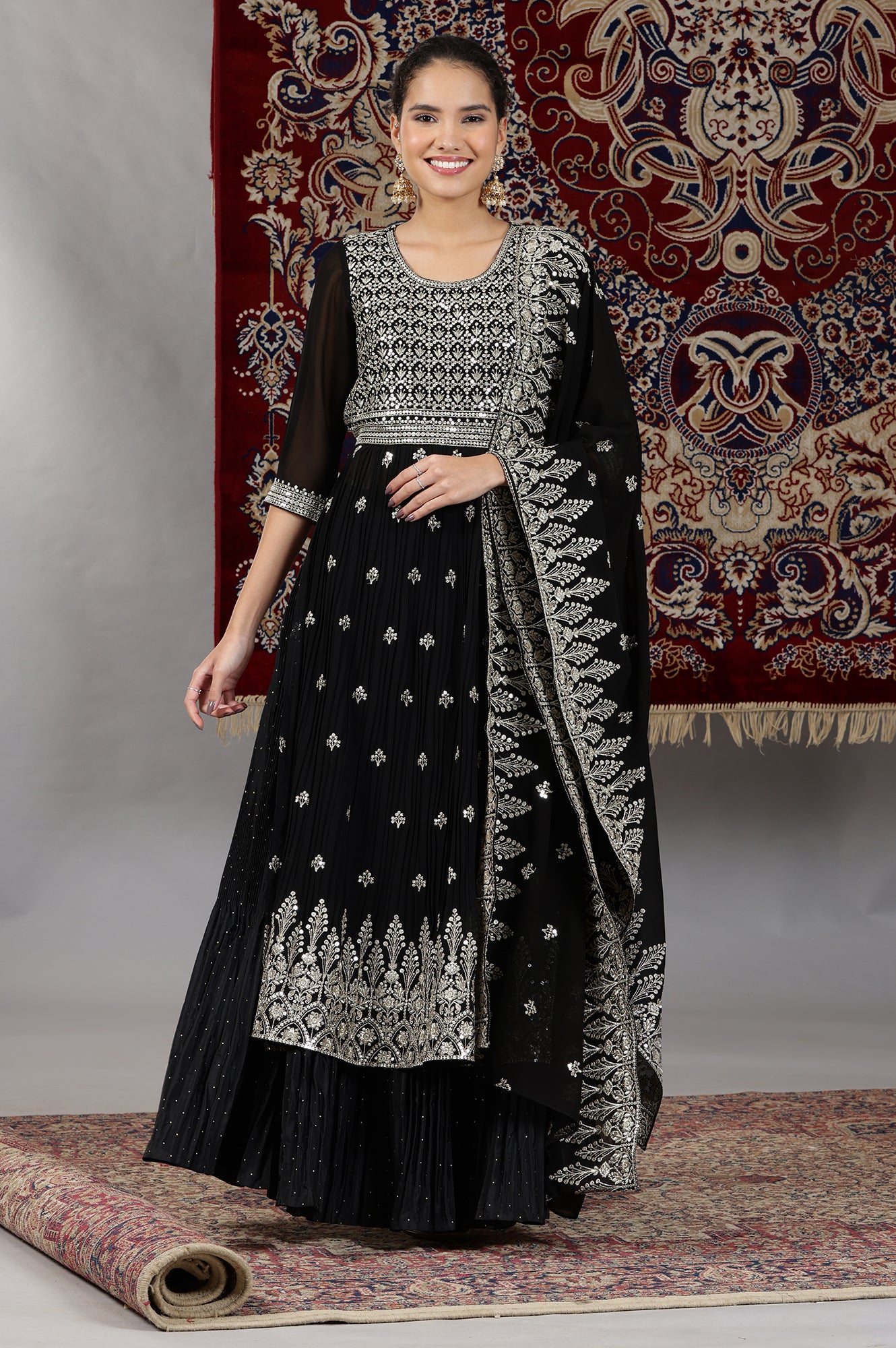 Black Zari Embroidered Flared Kurta, Pleated Skirt and Dupatta Set