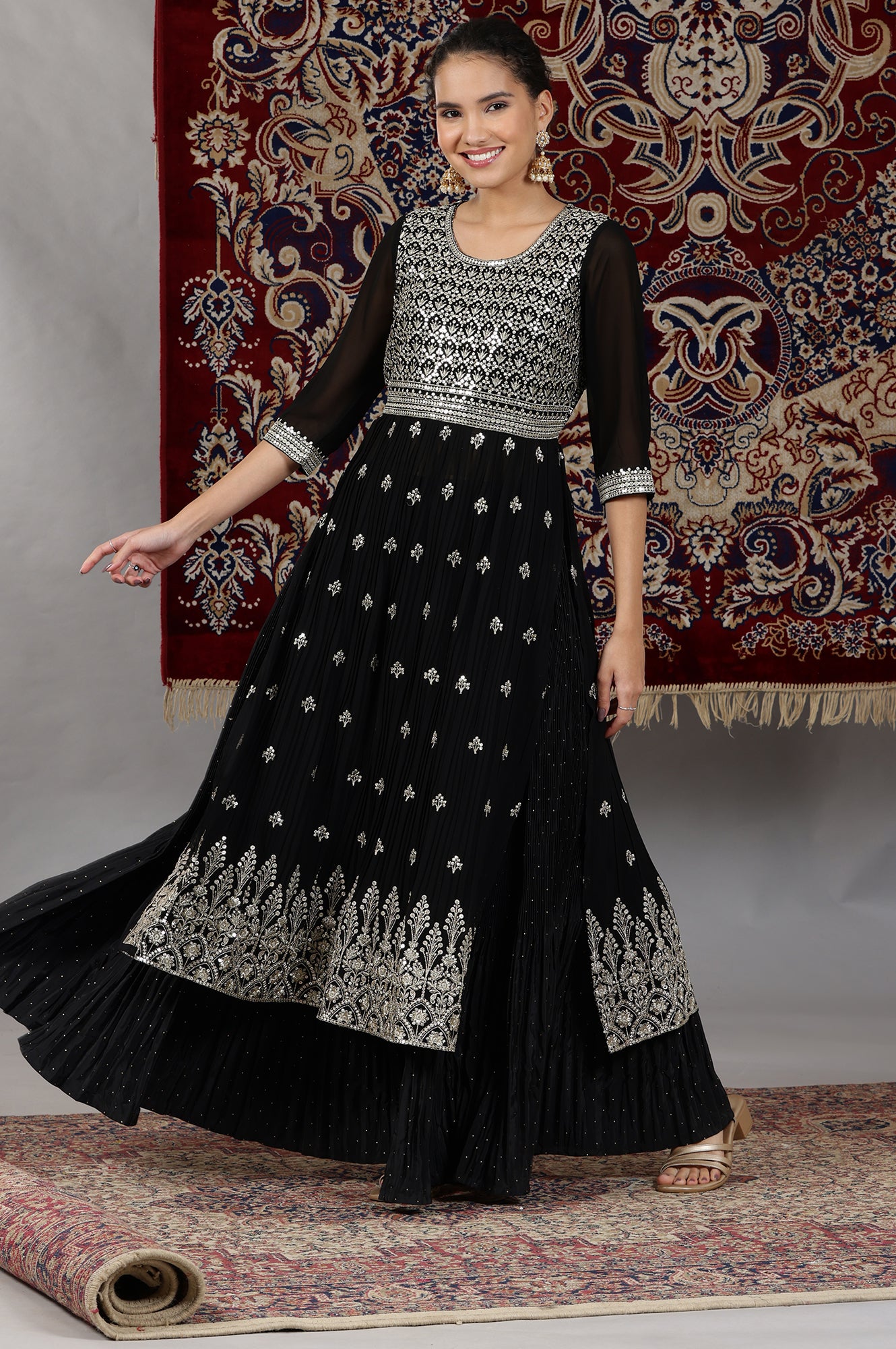 Black Zari Embroidered Flared Kurta, Pleated Skirt and Dupatta Set