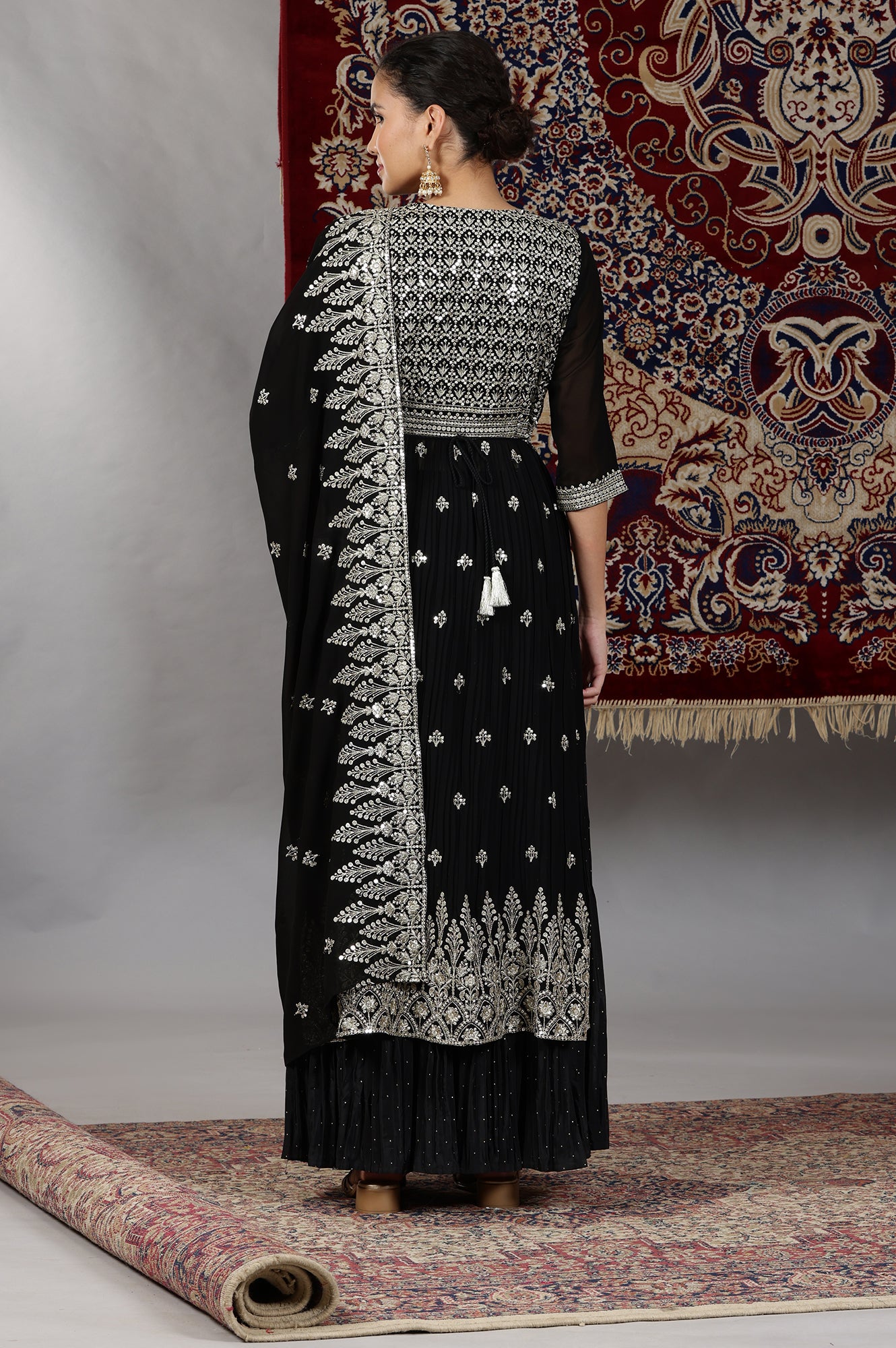 Black Zari Embroidered Flared Kurta, Pleated Skirt and Dupatta Set